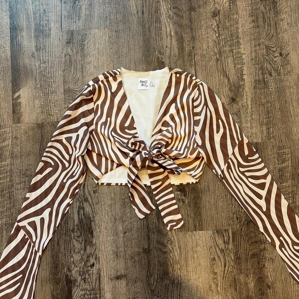 princess polly brown and white zebra print long sleeve crop top with tie front